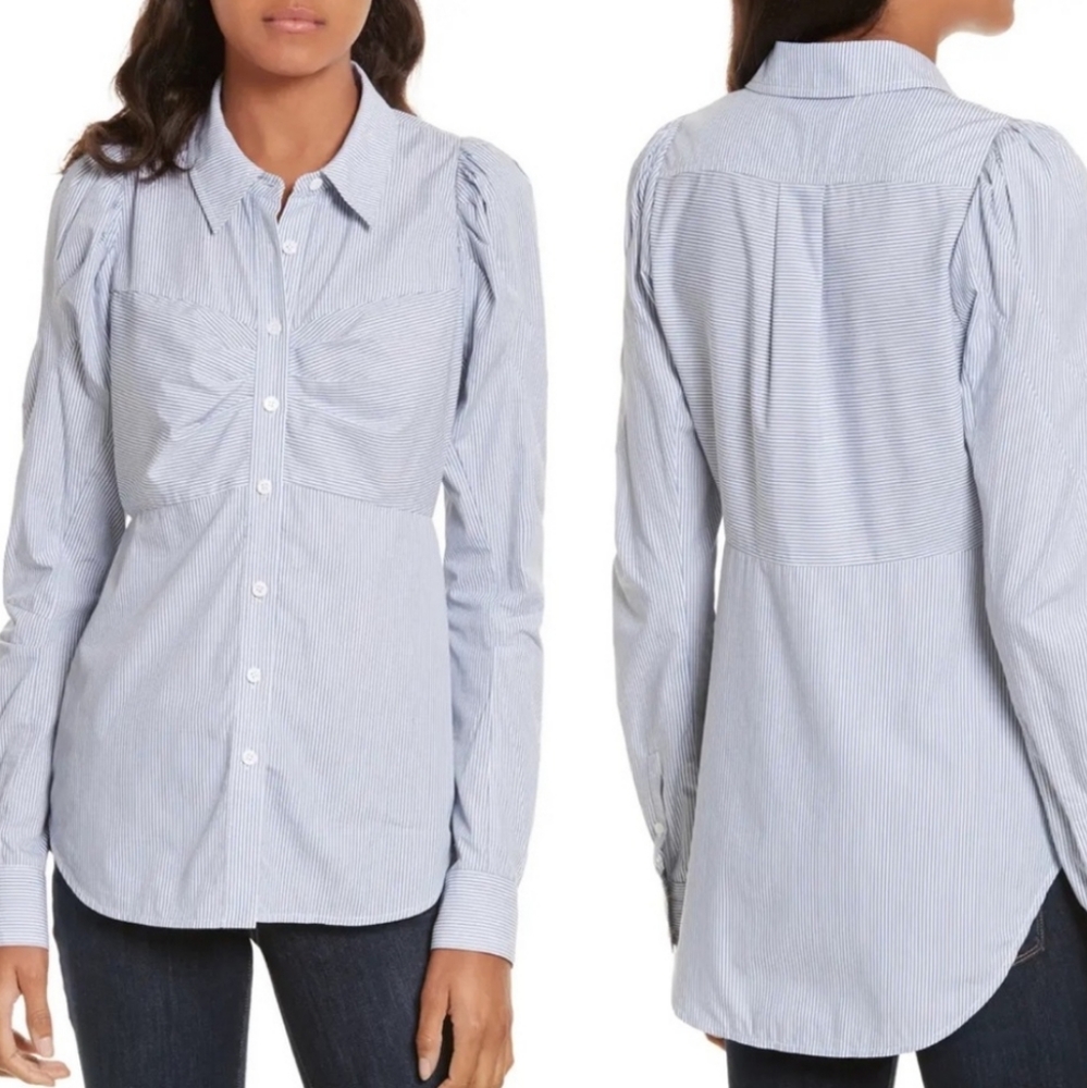 Veronica Beard Canteen Puff Sleeve Blouse Stiped Blue Whute